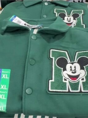 Men's Green Puffer Jacket with Mickey Patch - XL